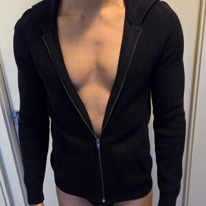 Banana Republic Men's Dark Gray Ribbed Zip-Up Sweater With Hood